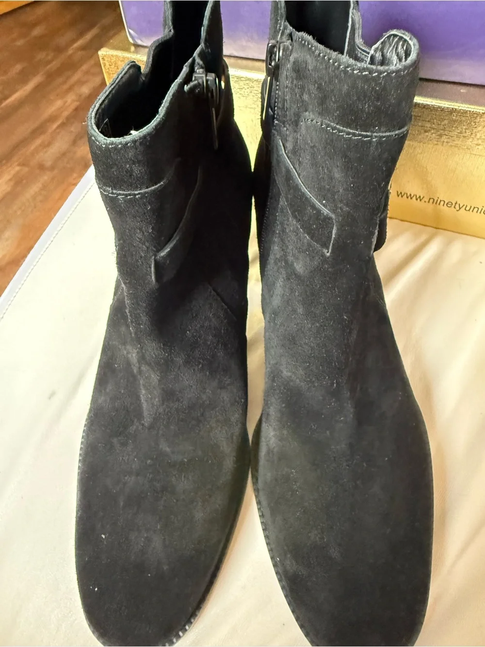 Vionic Black Suede Ankle Boots with Buckle Accent
